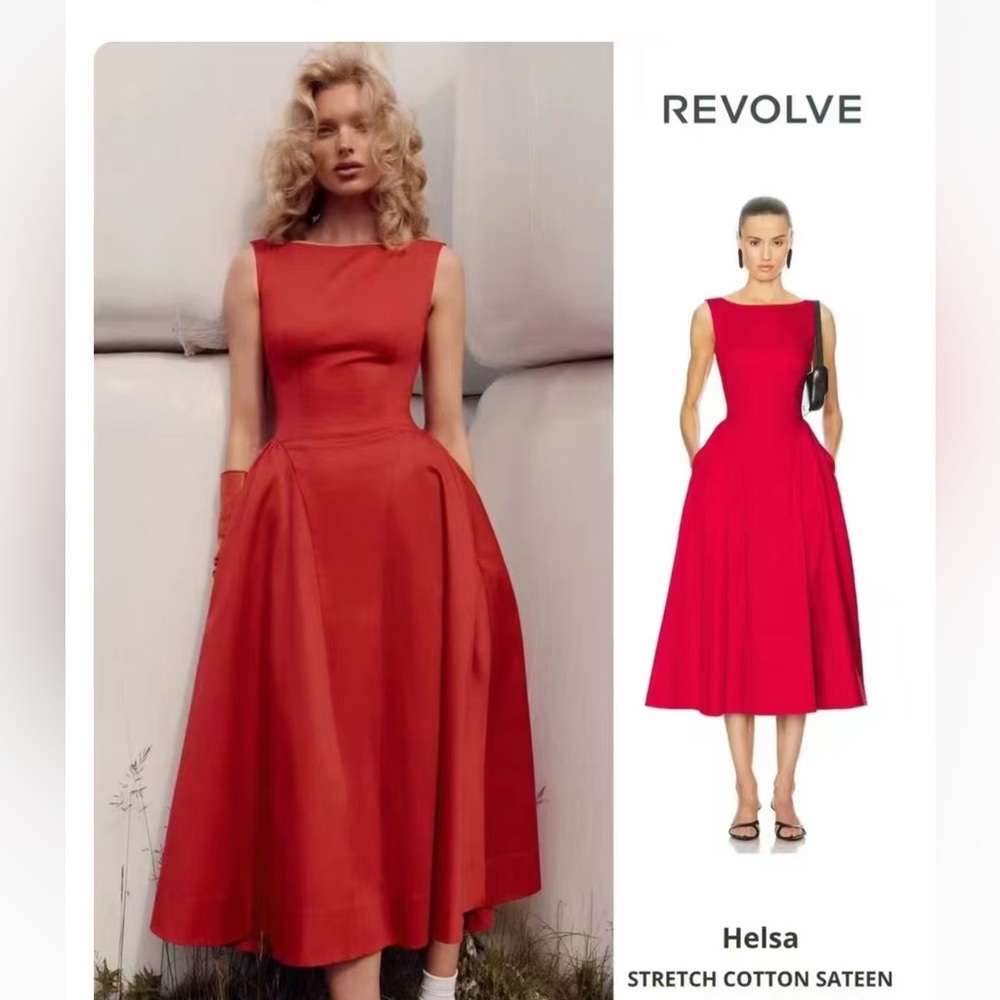 Helsa Stretch Cotton Sateen Midi Dress in Red